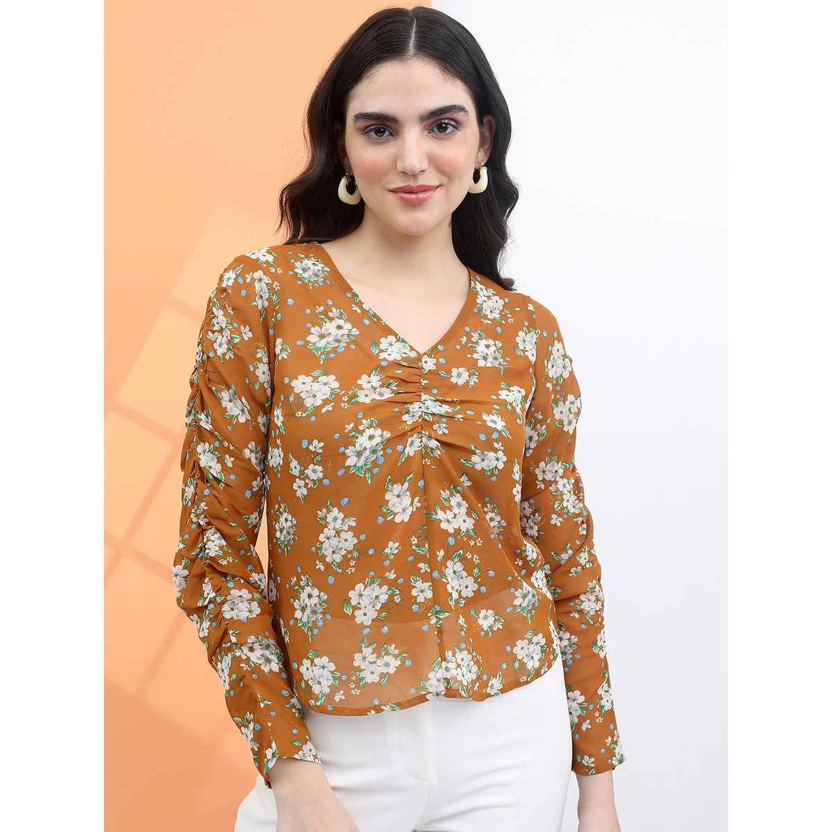 Tokyo Talkies Women's Floral Print Top | Brown - L