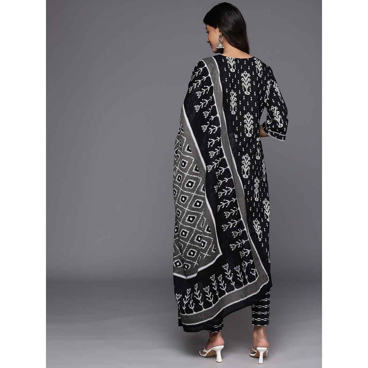 Libas Women Black Mirror Work Detail Straight Kurta With Black Trousers & Dupatta - 34164M