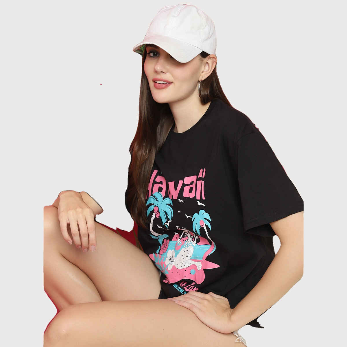 Fabflee Women Oversize Cotton Printed Round Neck Tshirt | Black | FAB-OS-531 | M