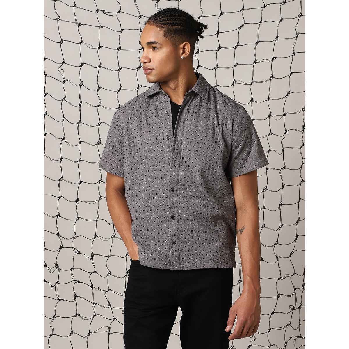 Hubberholme Men's Relaxed Spread Collar Solid Cotton Shifly Casual Shirt | Gray - 42