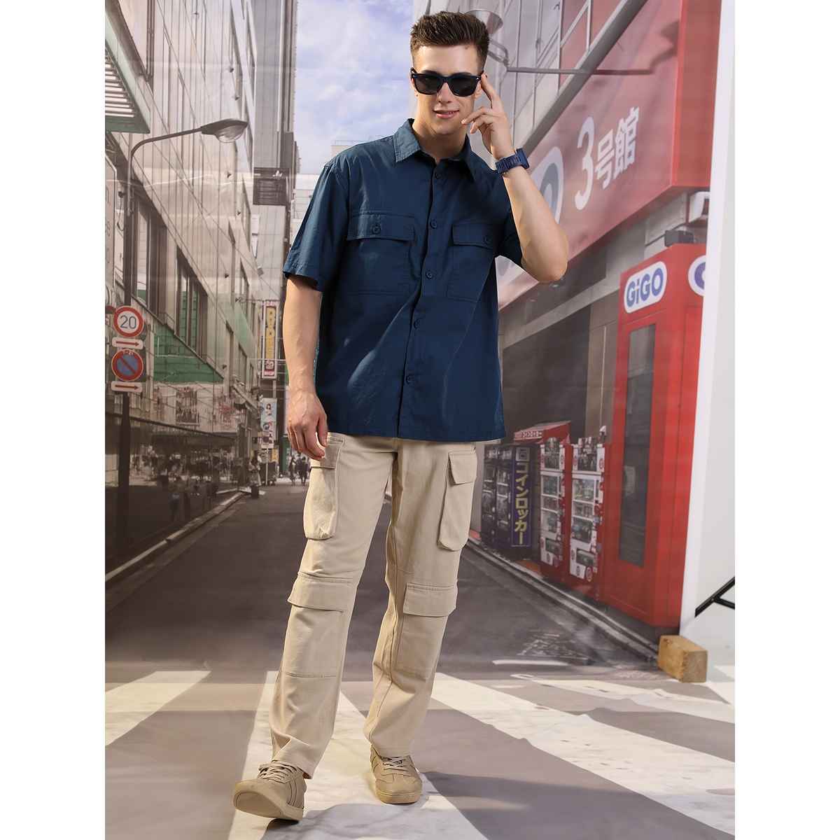 HIGHLANDER Men's Blue Drop Shoulder Boxy Oversized Fit Shirt | Blue - XL