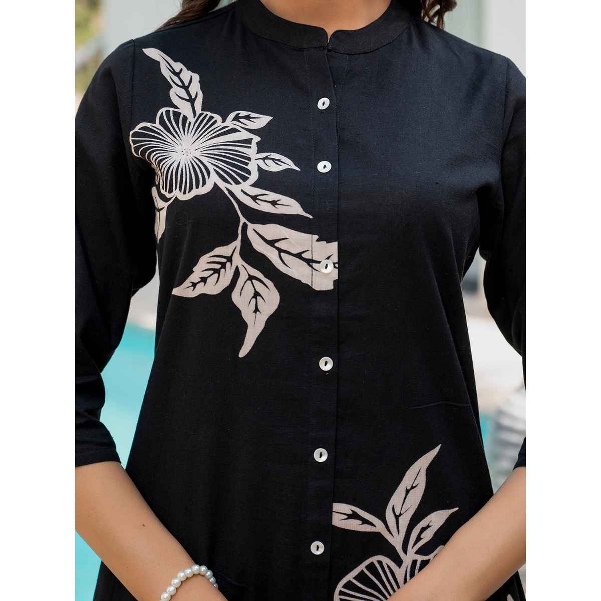 Divena Women s Black Floral Printed Cotton A-Line Fit Kurta Pant Set | DBK1364 | M