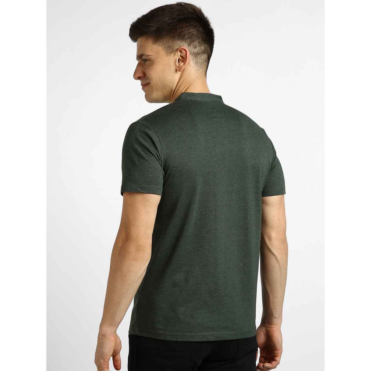 Urbano Fashion Men's Slim Fit Solid Mandarin Collar Half Sleeve Cotton T-Shirt | Green Melange - XL