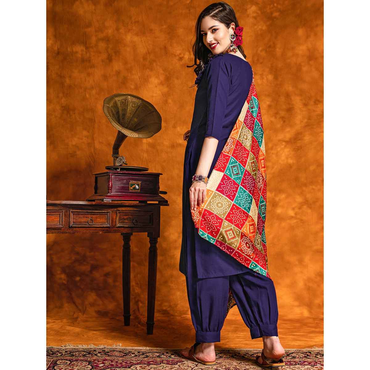 Youthnic Embroidered & Mirror Work Cotton Straight Kurta Dupatta Set | SKD44 - Sawan Navy | S