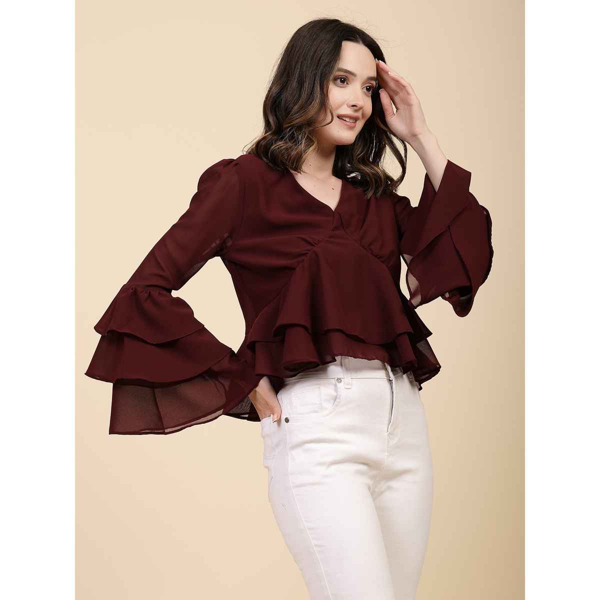 Freehand Women's Fit and Flare Solid Casual Ruffled Top | Maroon | L
