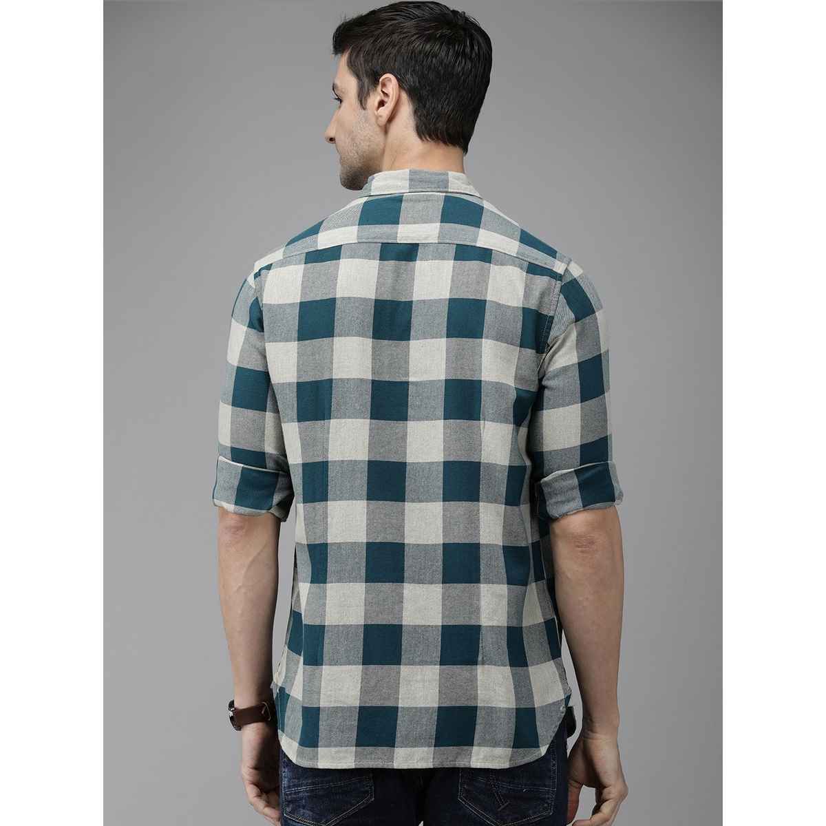 The Bear House Men Pure Cotton Checked Slim Fit Flannel Shirt Style-Juul Color -Teal Size -L