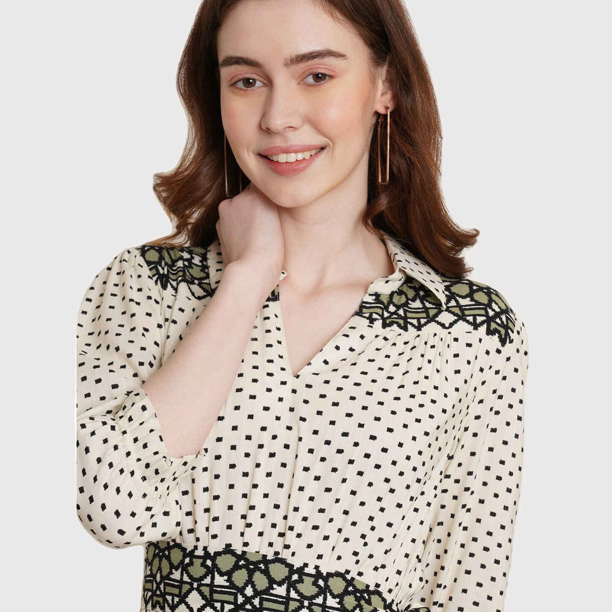 Wyshlist Women's Dress Flared Hem Geometric Print With Puff Sleeves | Off White - S