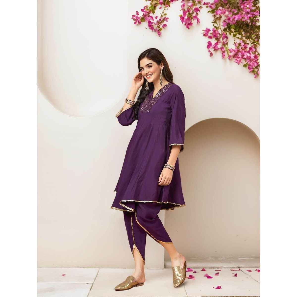 Ishin Women's Kurta Set Cotton 2 Pcs | Lilac - XL