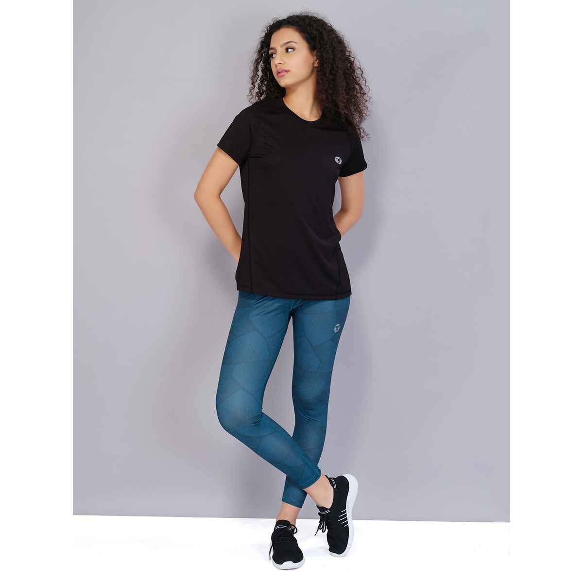 Technosport Women's Solid Slim Fit Round Neck Sports T-shirt With Techno Cool | Black | L