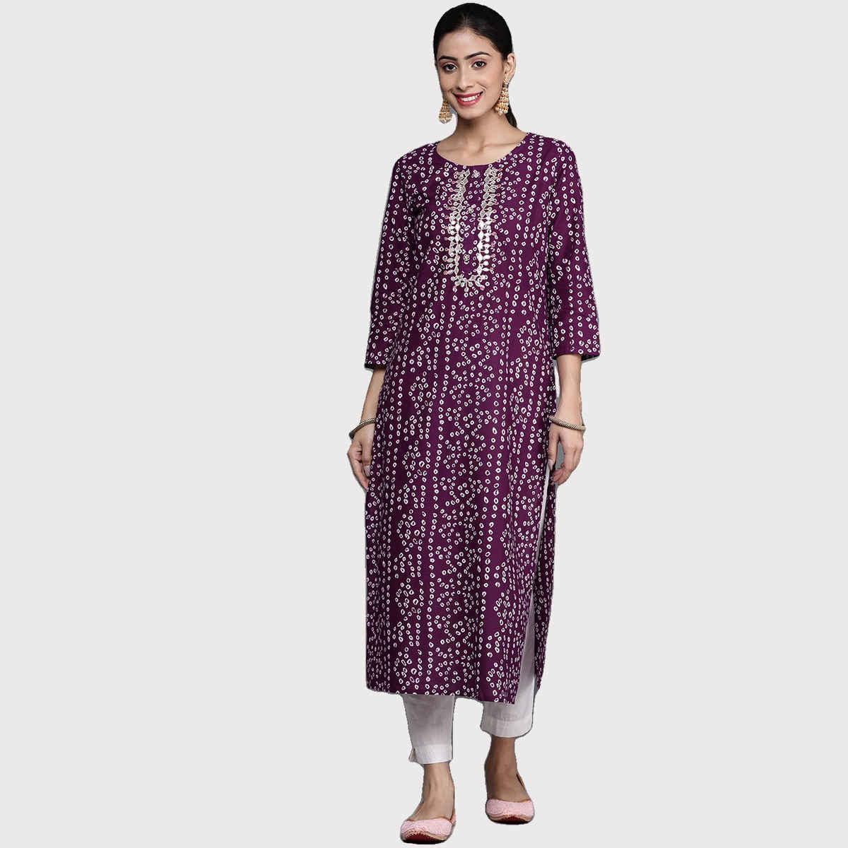 Varanga Women's B&hani Printed Kurta Gota Embroidery Round Neckline | VKUR222 | Purple & White - XL
