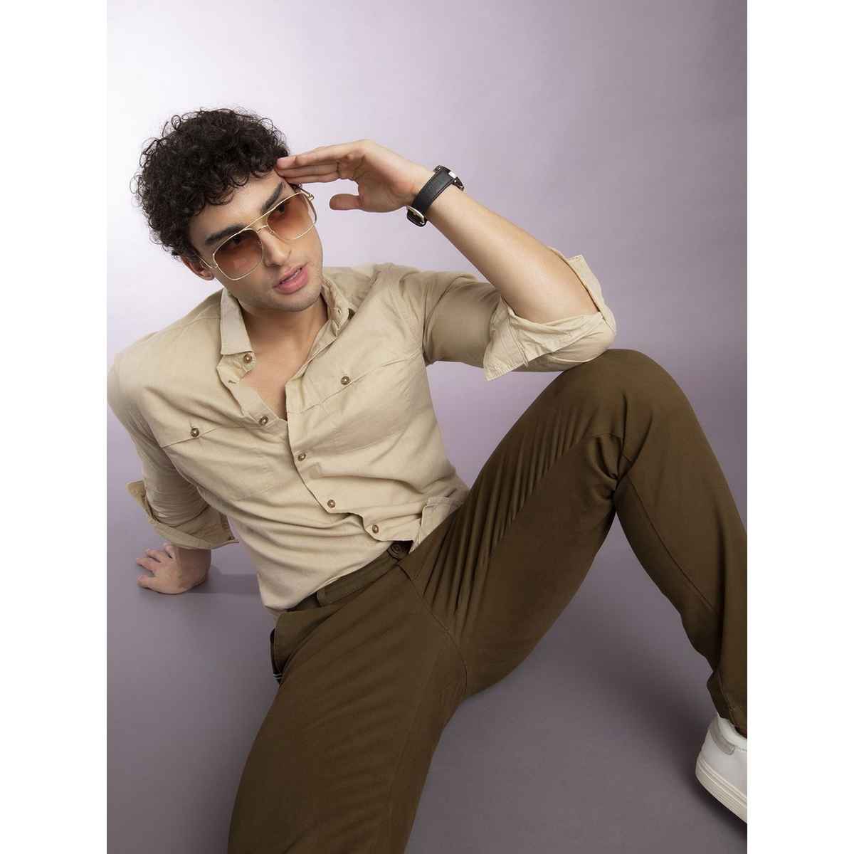The Indian Garage Co Men's Slim Fit Solid Casual Shirt | Beige - L