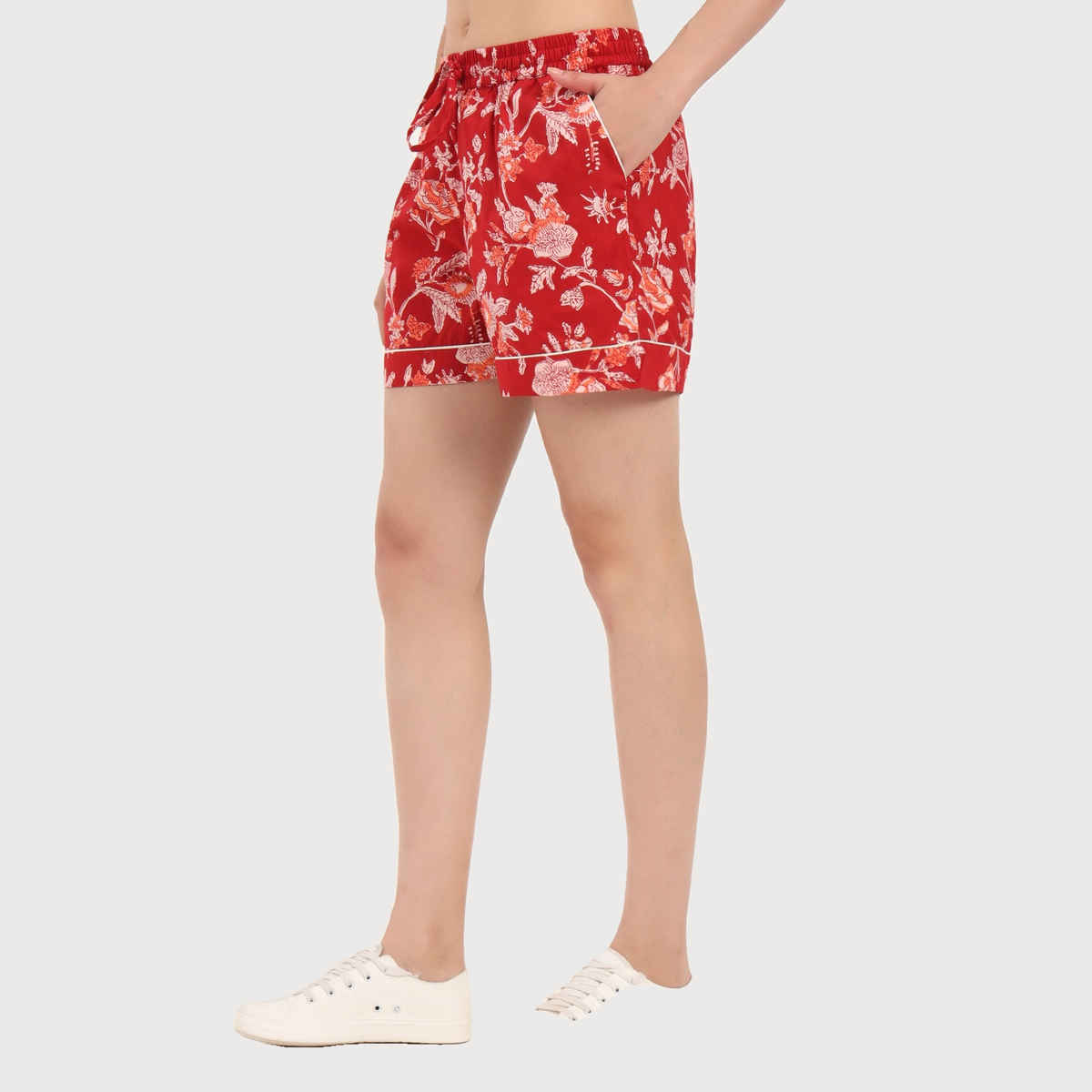 Divena Red Floral Print Cotton Shorts for Women | DK0256 - S