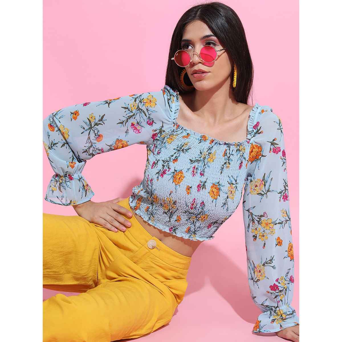 Tokyo Talkies Women's Floral Print Top | Light Blue - L