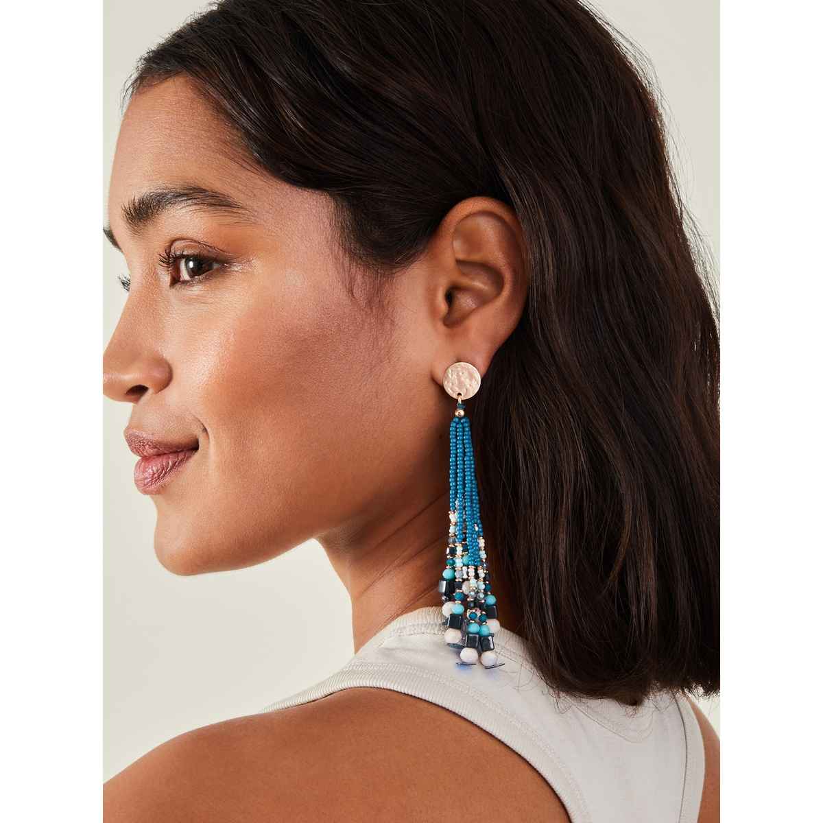 Accessorize London Women's Blue Long Beaded Tassel Earrings - Blue