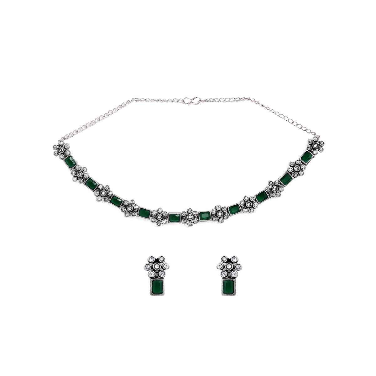 Rubans Oxidised Silver-Plated Emerald Green & Zirconia Stone Studded Floral Necklace Set