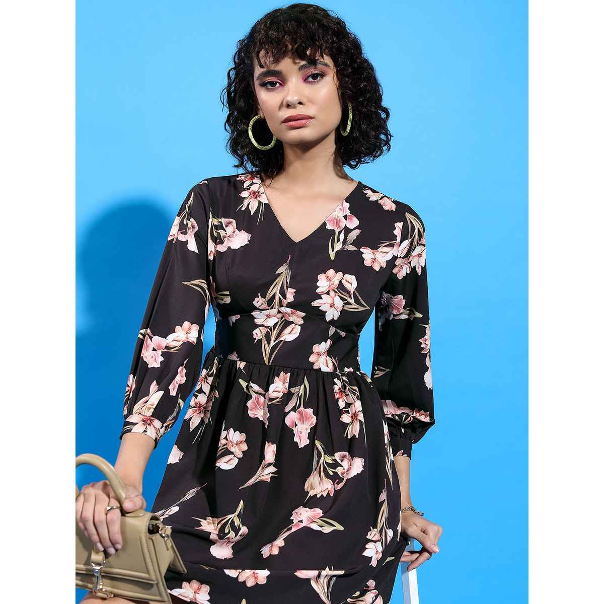 Ketch Women's Floral Printed V-Neck Smocked Fit & Flare Dress | Black - S