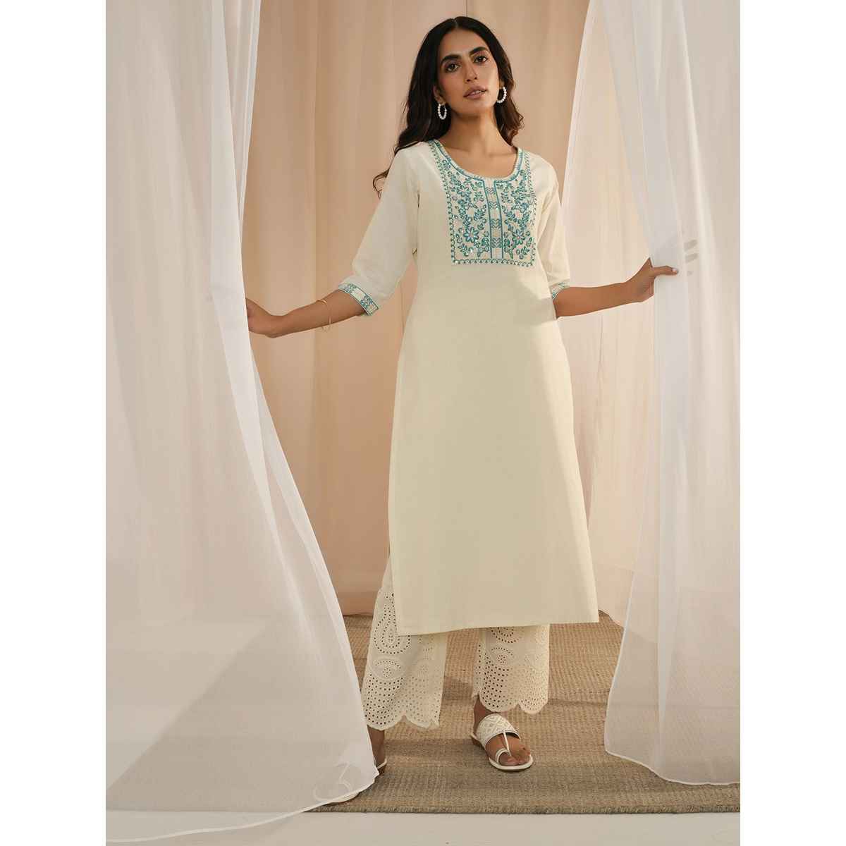 Libas Women's Off White Yoke Design | Cotton Straight Kurta | XS