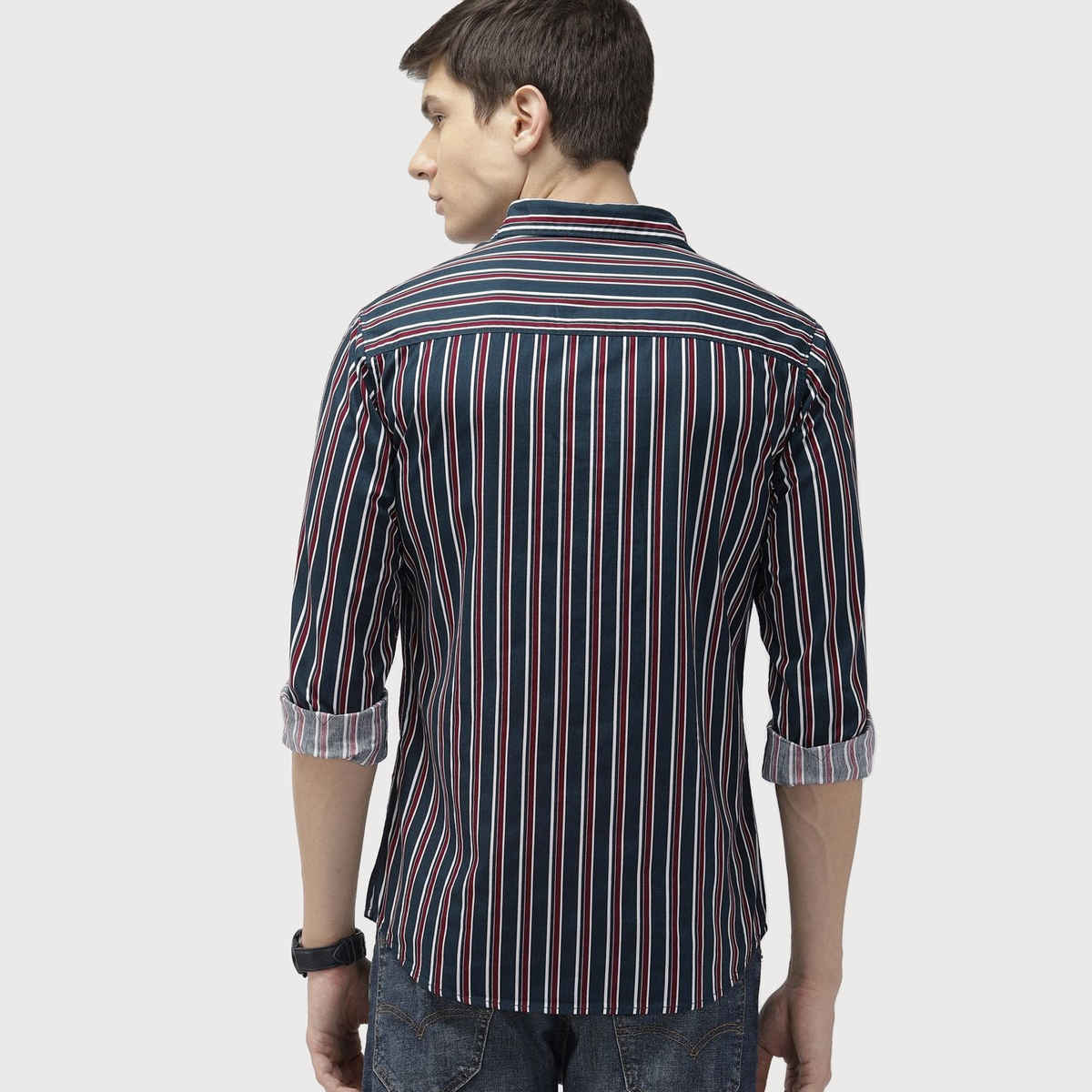 The Indian Garage Co Men's Slim Fit Multi Stripes Casual Shirt | Navy Blue - L