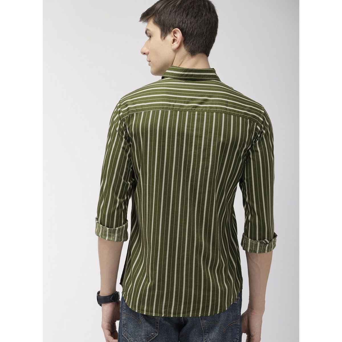 The Indian Garage Co Men's Slim Fit Multi Stripes Casual Shirt | Olive - M