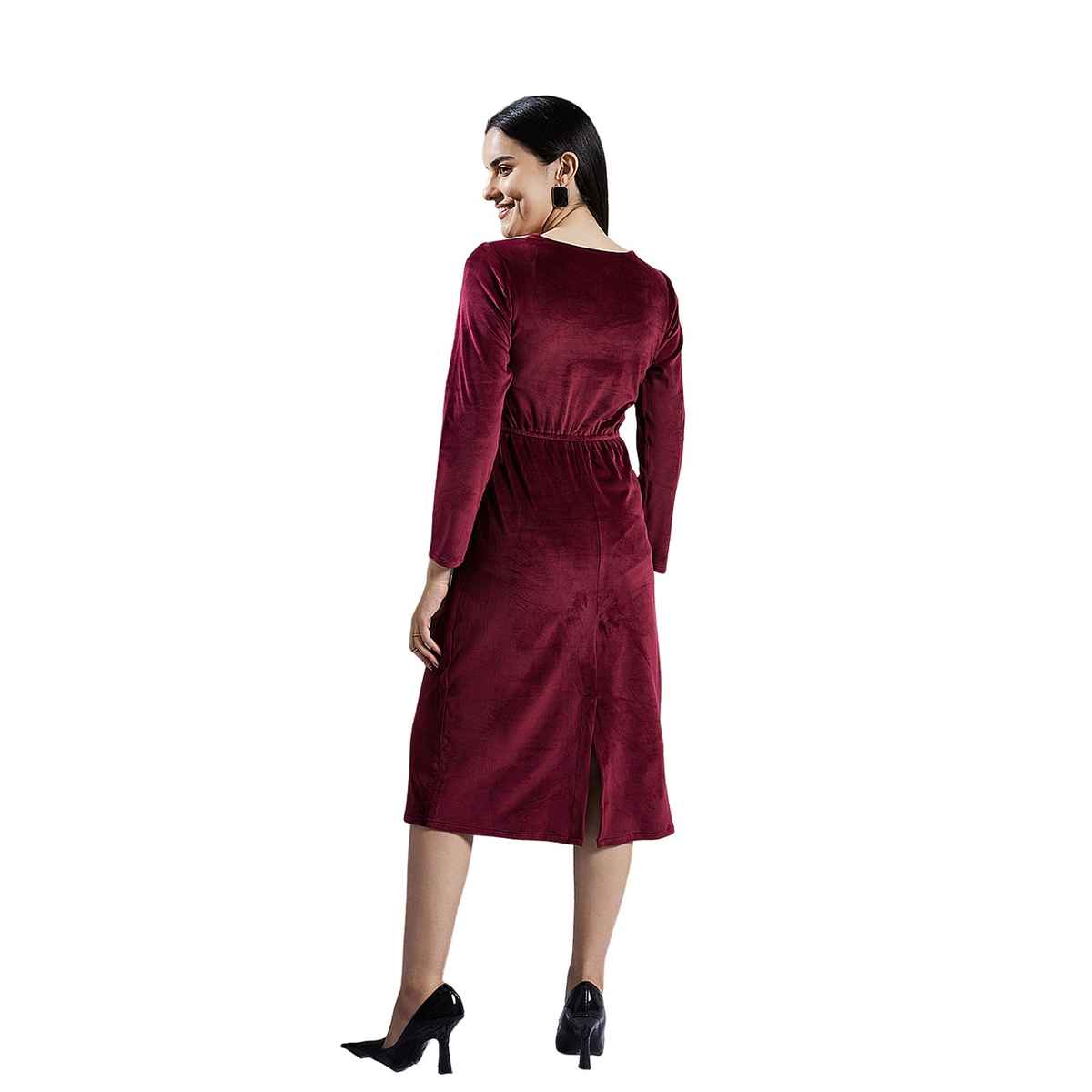 Athena Women's Sweetheart Neck Embellished Detailed A-Line Midi Dress | Maroon - S