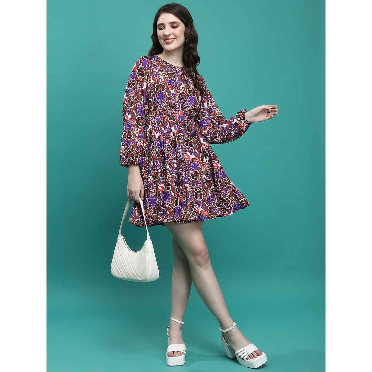 Ketch Women's Floral Printed Tie-Up Fit & Flare Dress | Multicolor - M