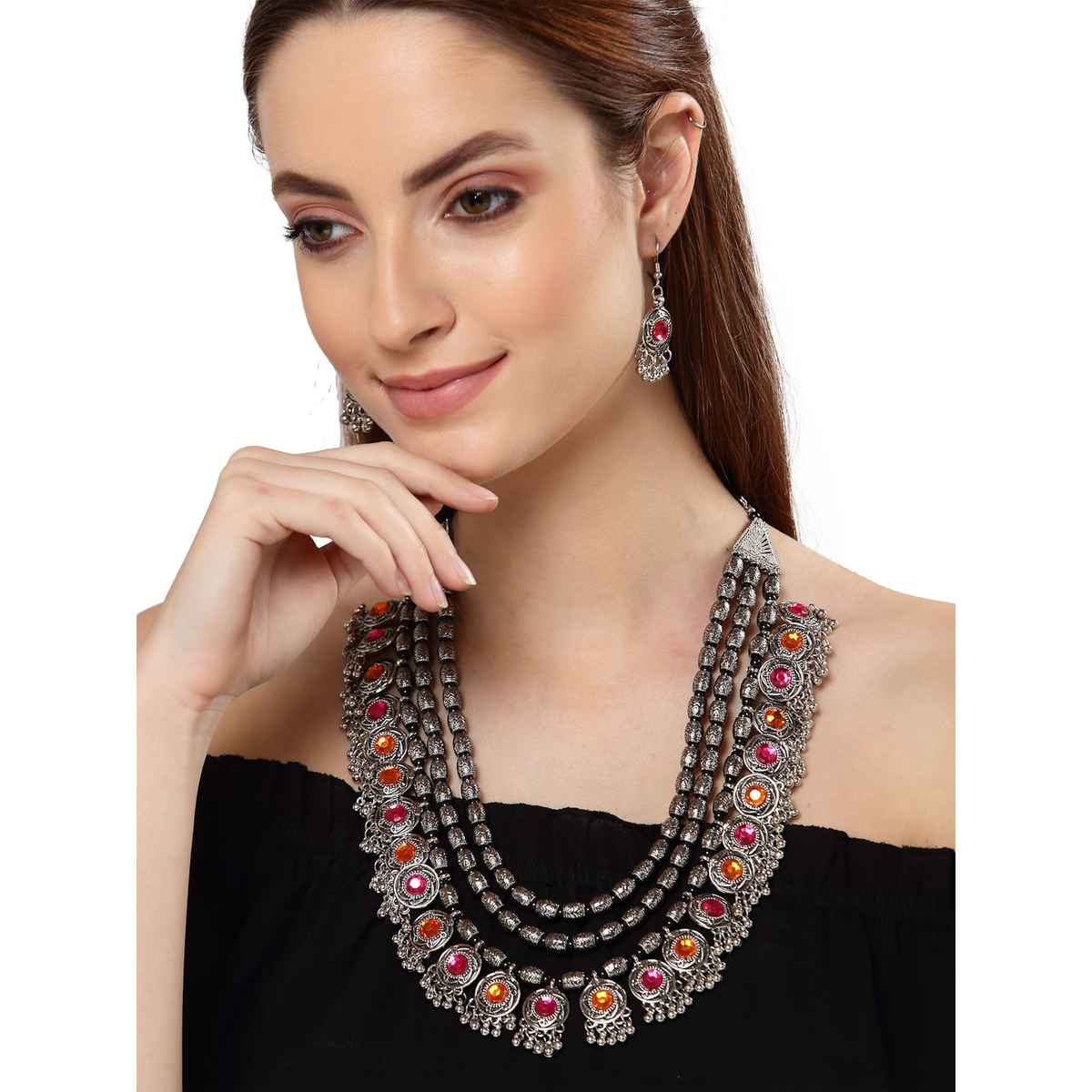 Shining Diva Fashion Stylish Oxidised Silver Tribal Necklace Set for Women and Girls | 12164s