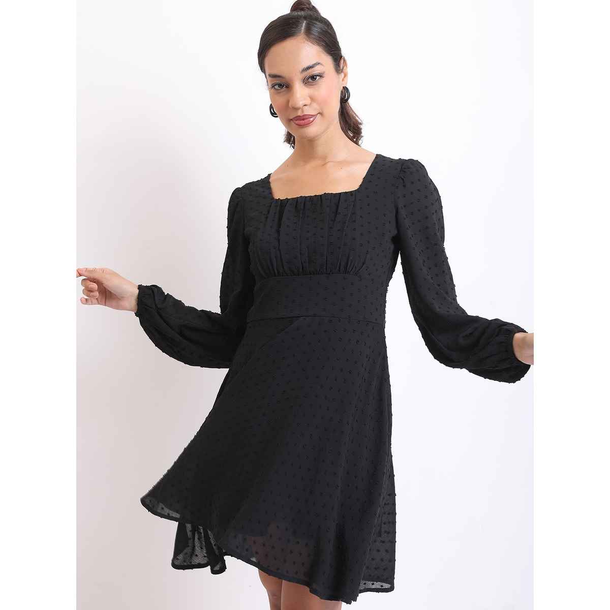 Ketch Women Square Neck Self Design A-Line Dress | Black | M