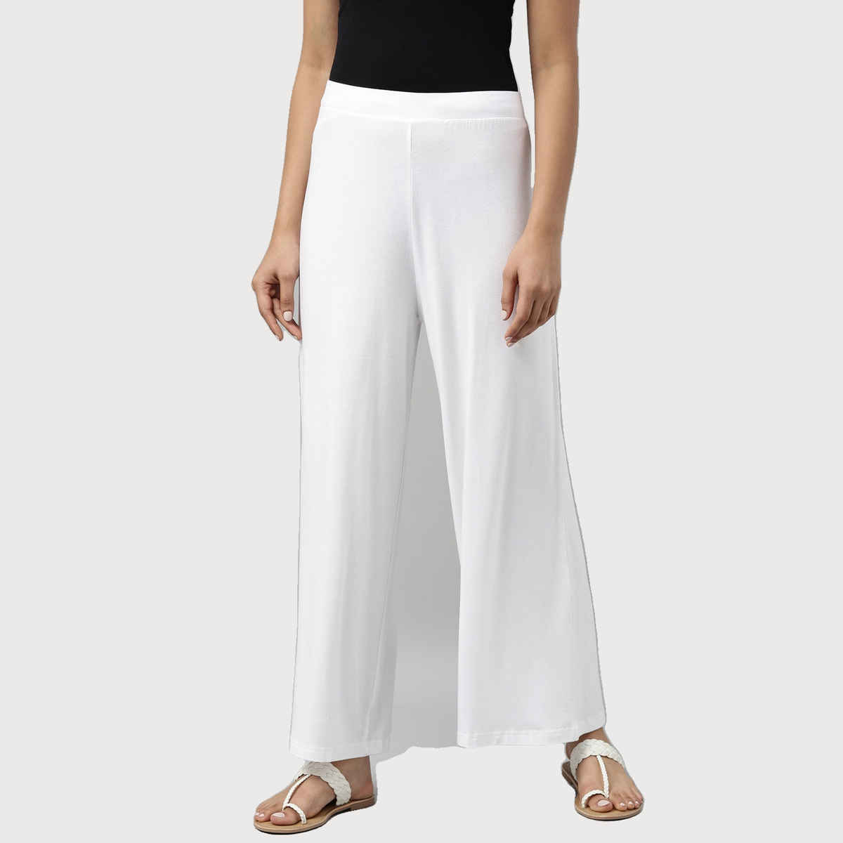 Go Colors Women's Solid Viscose Mid Rise Knit Palazzos | LPZ1 | White - L