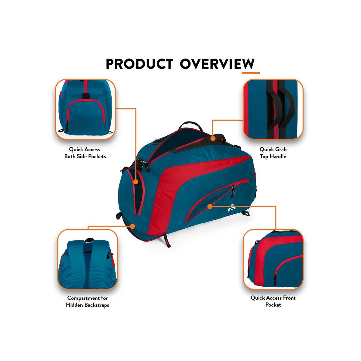 Pazzo Jake 50L Duffel Bag | 3-in-1 Gym | Travel & Backpack | Convertible with Spacious Storage