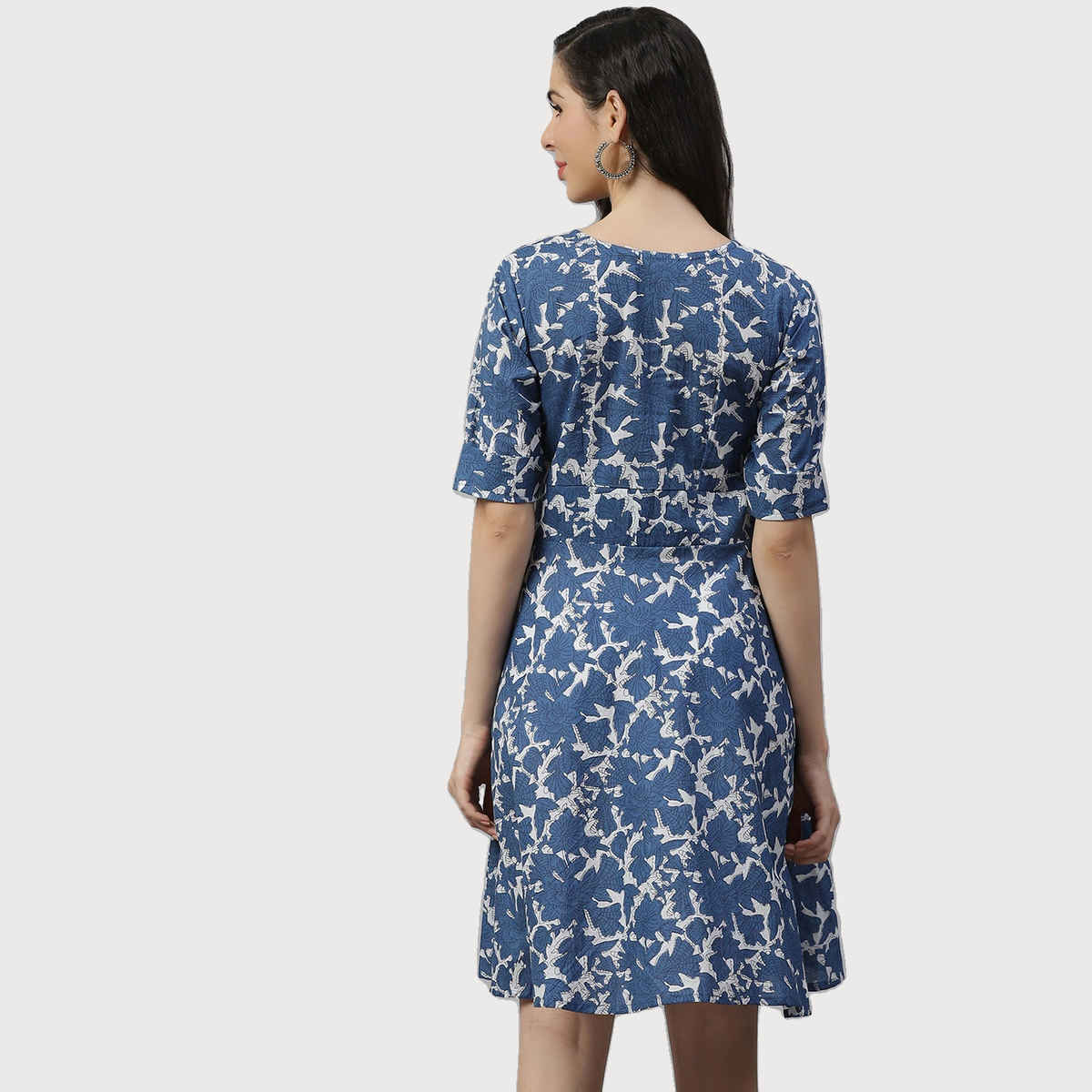 Divena Printed Knee Length Women's Dress | DK0590 | Indigo - L