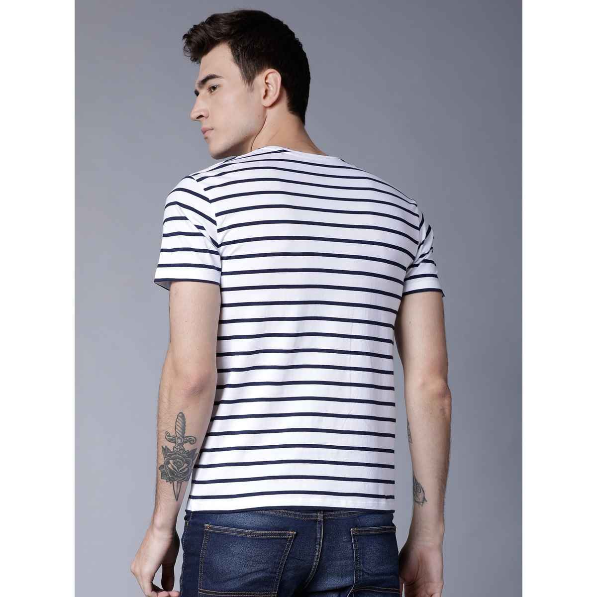 Highlander by Rohit Sharma Men's Slim Fit Cotton T-shirt - Peacoat Navy and White | XL