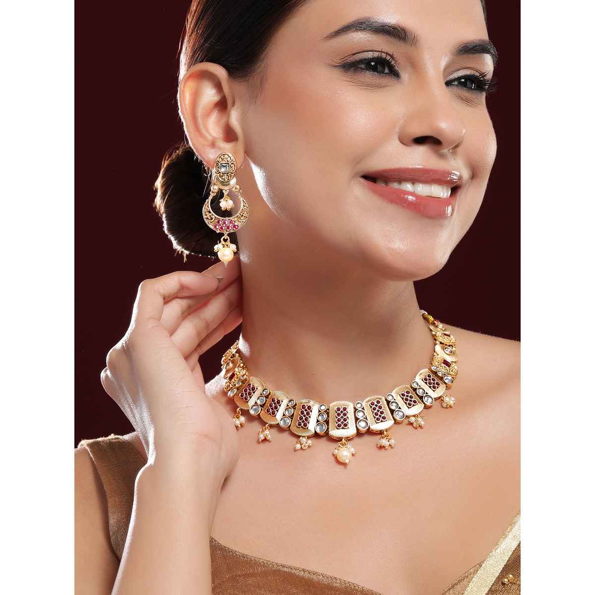 Rubans 24K Gold-Plated Ruby, Kundan Studded & Pearl Drops Rectangle Motif Necklace Set