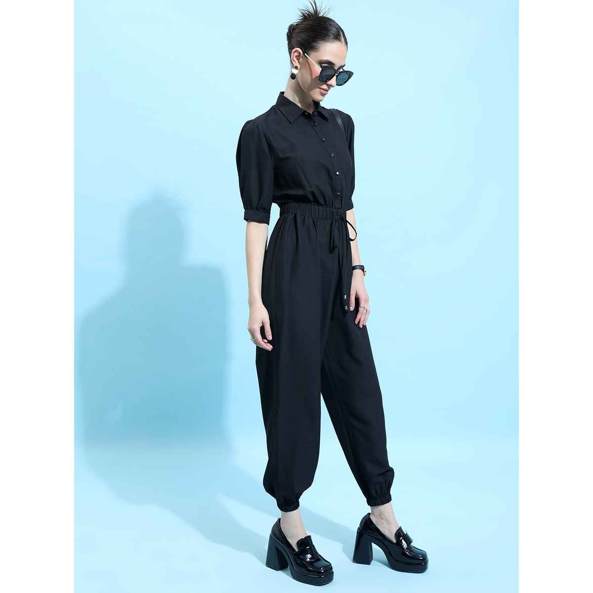 Ketch Women's Shirt Collar Basic Jumpsuit | Black - S