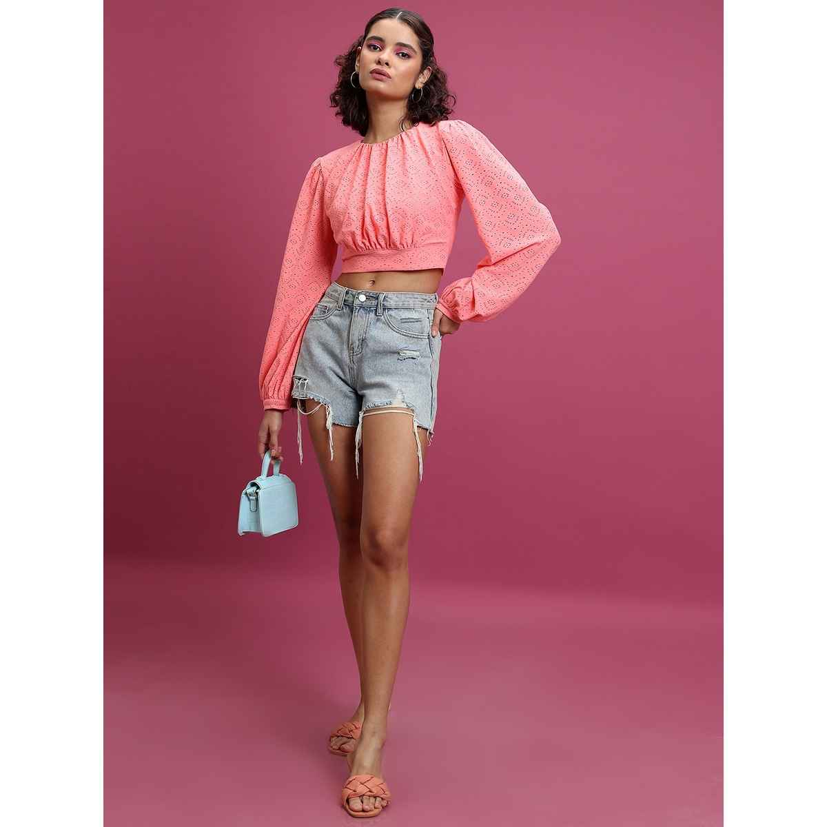 Ketch Women's Self Design Round Neck Bishop Sleeves Blouson Crop Top | Pink - S