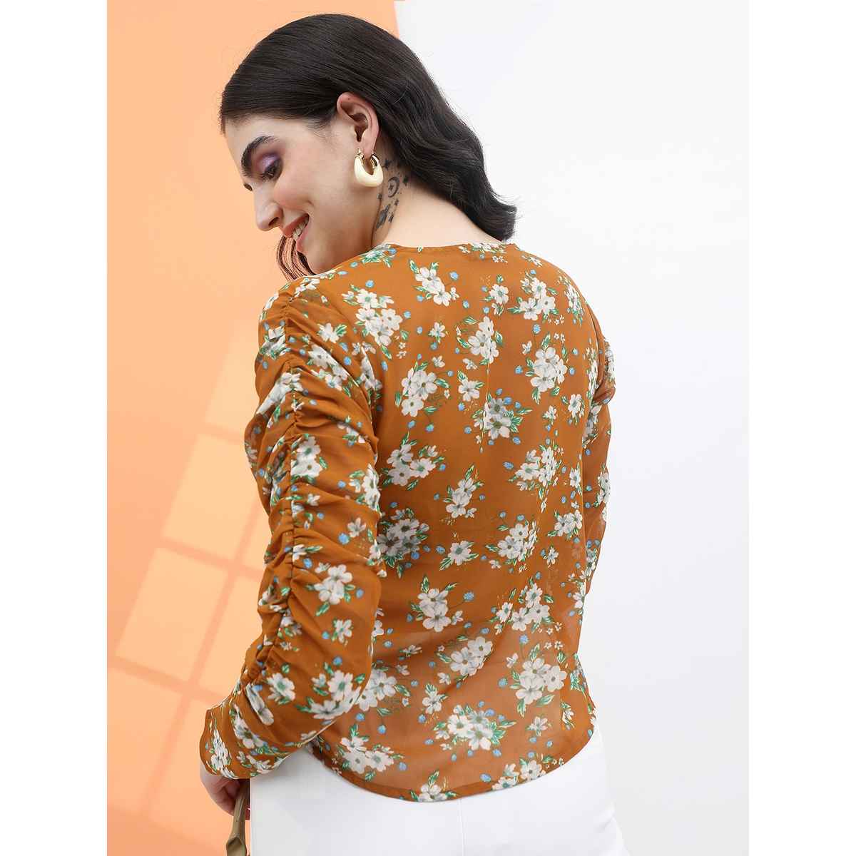 Tokyo Talkies Women's Floral Print Top | Brown - L