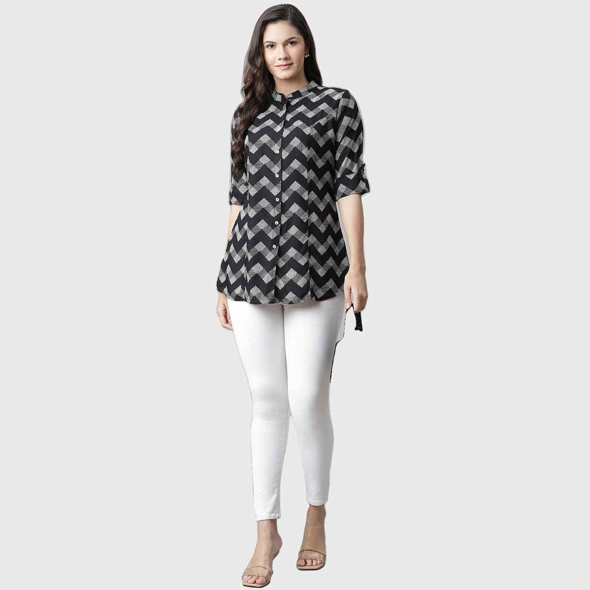Divena Rayon Zigzag Print Women's Shirt Style Top | DBK0373 | Black - S