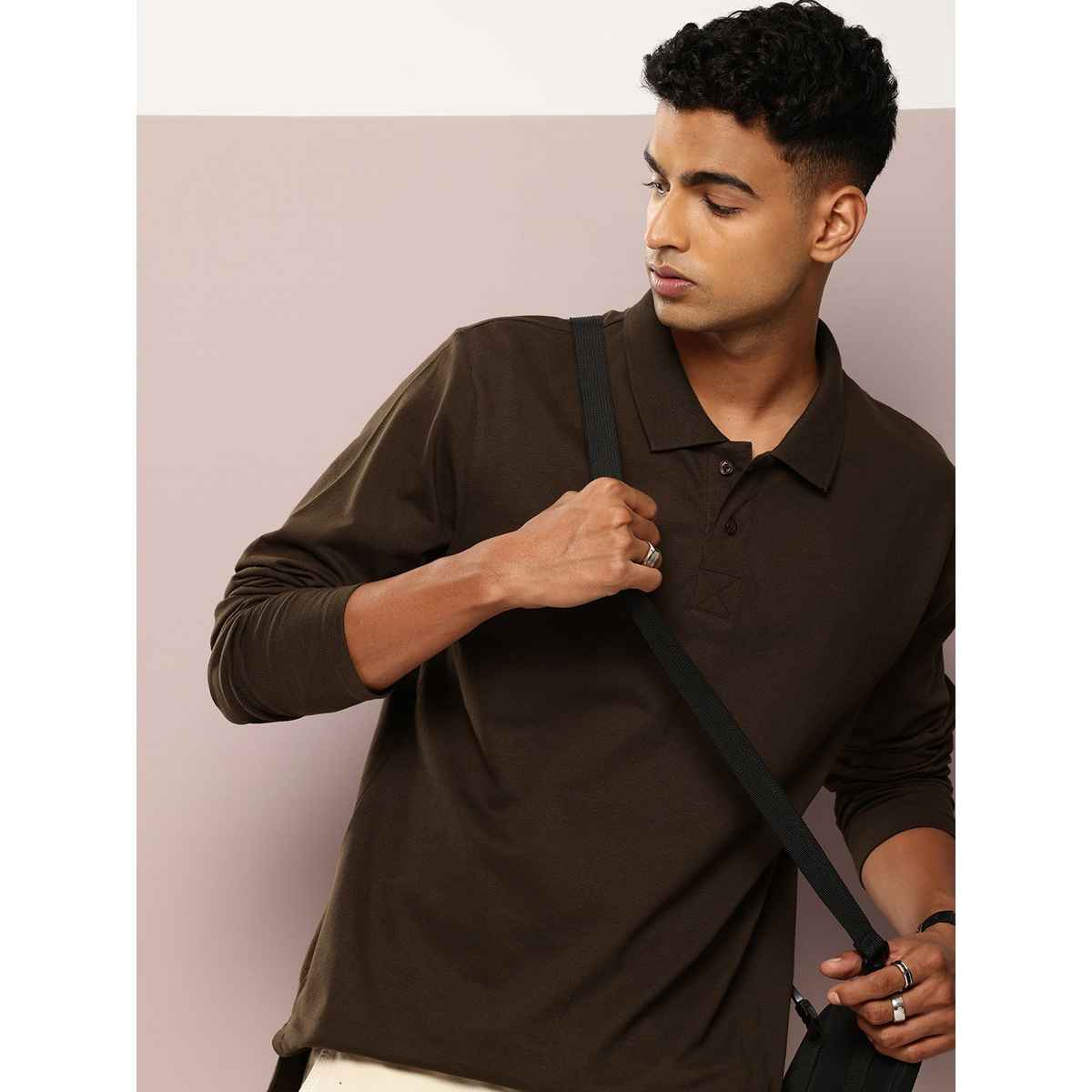 Dillinger Men's Polo T-shirt Long Sleeve Oversized | Brown - XL