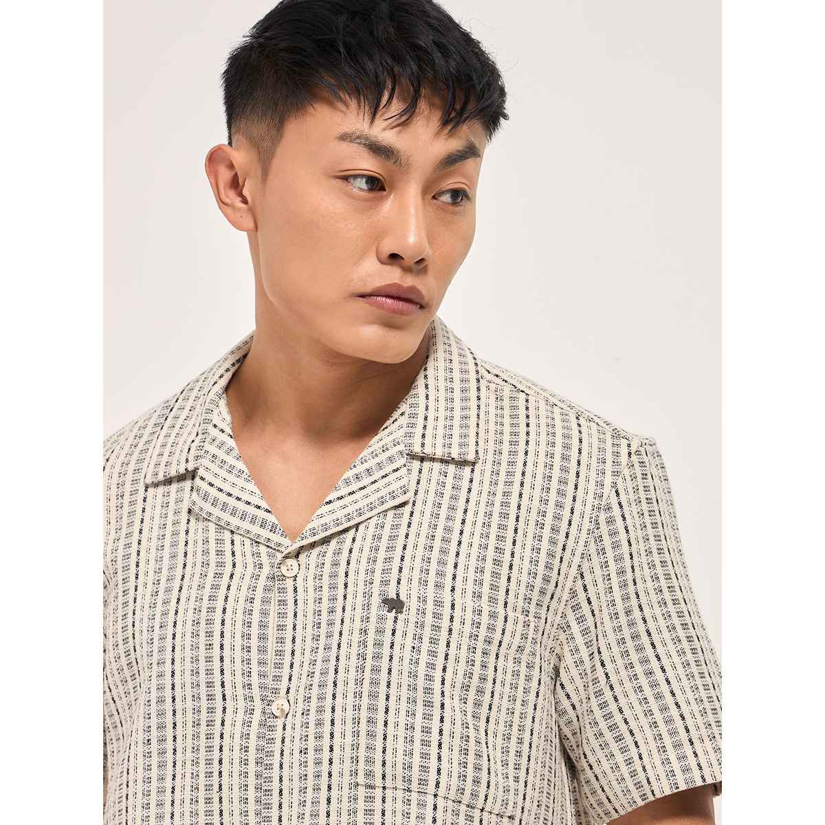 THE BEAR HOUSE Men's Pure Cotton Striped Regular Fit Shirt | TBH-PUNTILO-CR | Cream - L