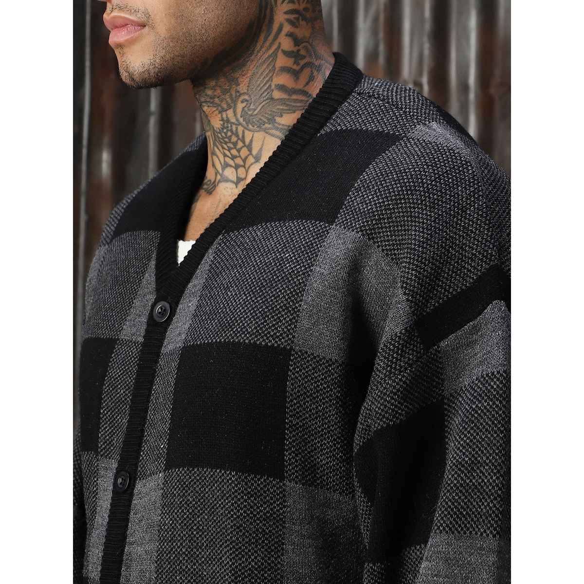 High Star Men's Checked Oversized Fit Cardigan Sweater | Grey - S