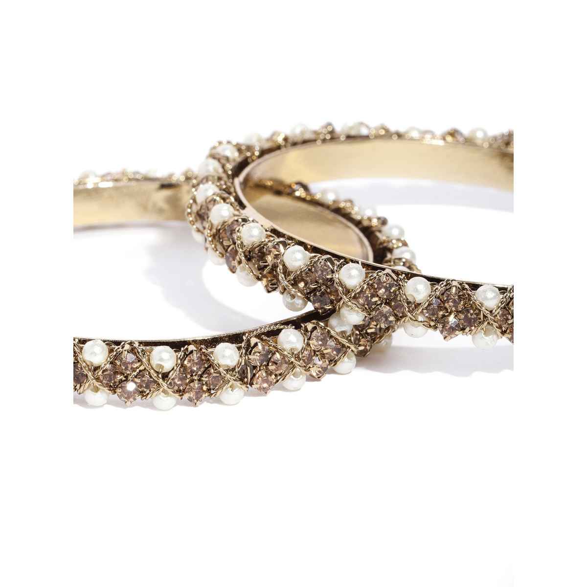 Priyaasi Set Of 2 Gold-Plated Pearls And Stones Studded Cross Wired Bangles