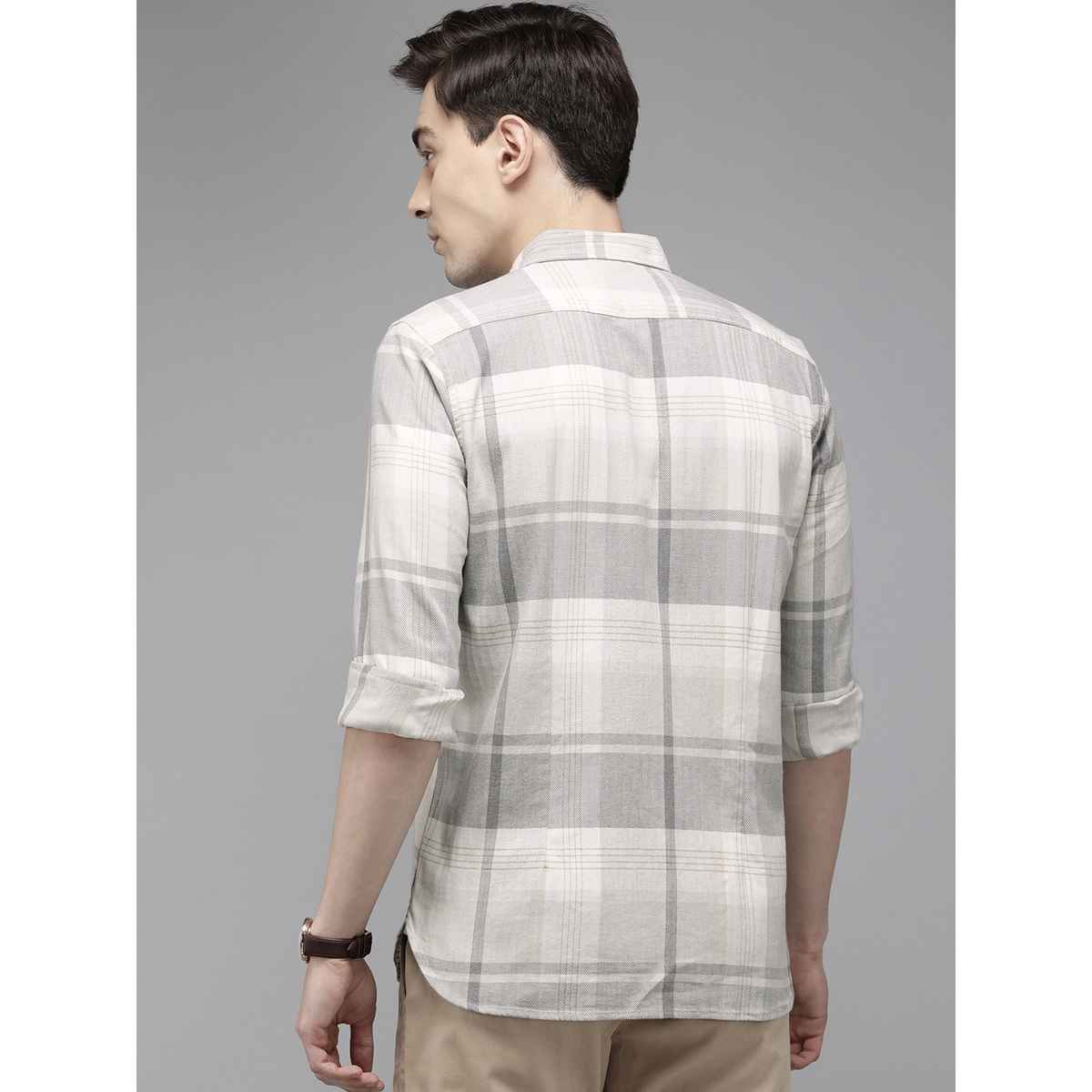 The Bear House Men Slim Cream & Grey Checked Shirt Style-Amber Color -Cream Size - XL