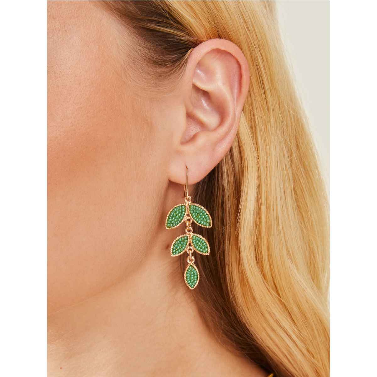 Accessorize London Women's Green Beaded Leaf Drop Earrings - Green