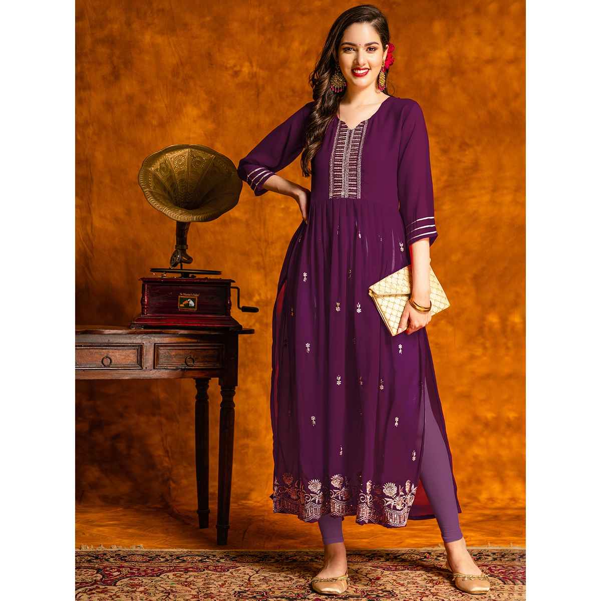 Youthnic Ethnic Motifs Embroidered Lace Work Naira Cut Kurta | B44 - Rimjhim Wine | L