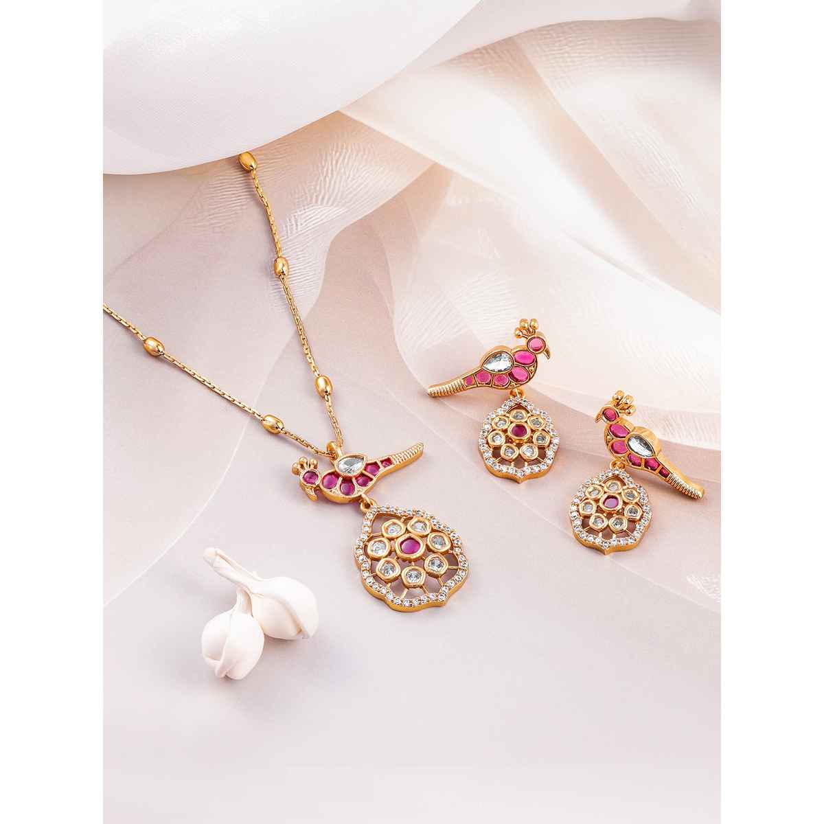 Rubans 22K Gold-Plated Ruby & Kundan with Zicronia Studded Peacock Design Necklace Set