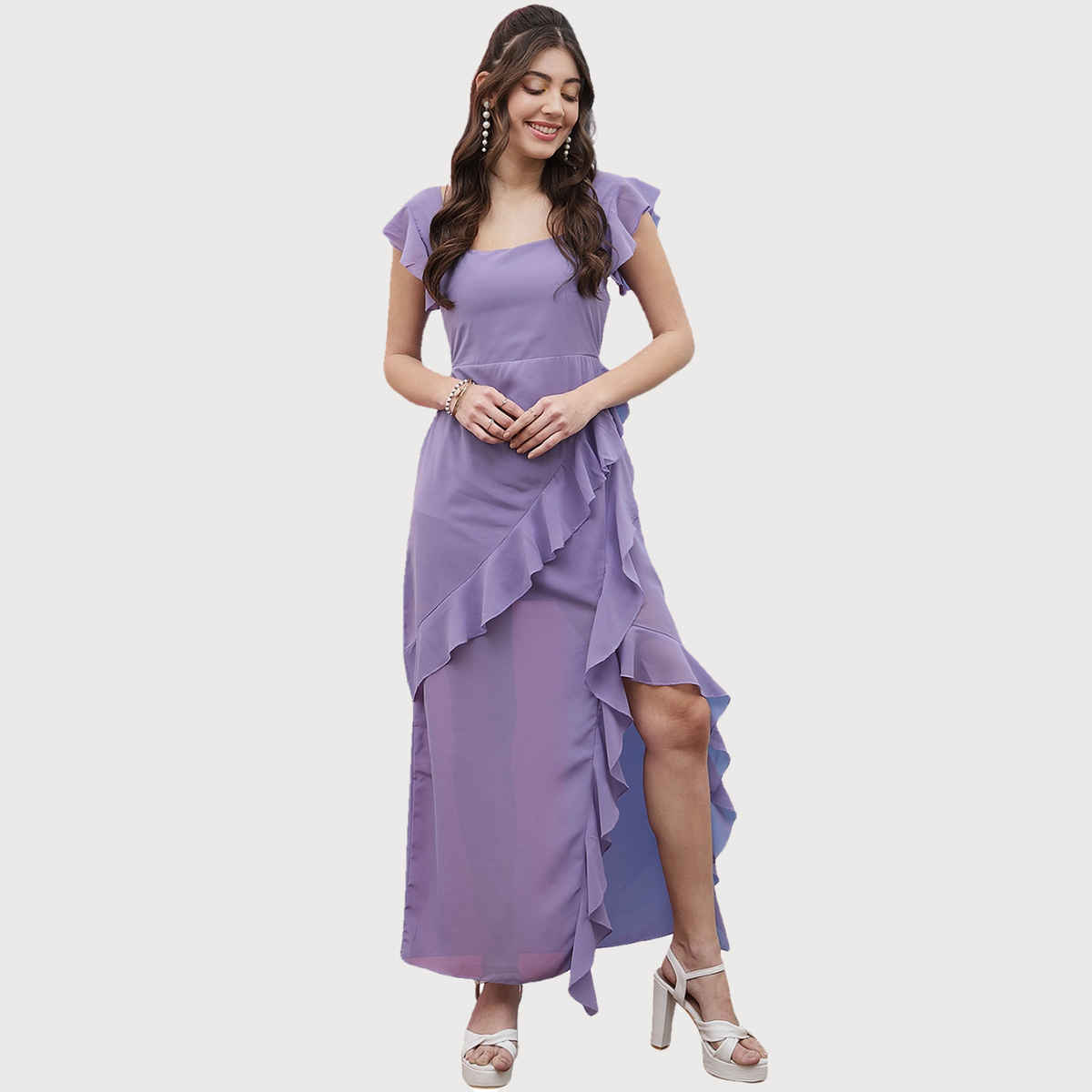 Athena Lavender Square Neck Flutter Sleeves Ruffled Detailed Maxi Dress Lavender XL
