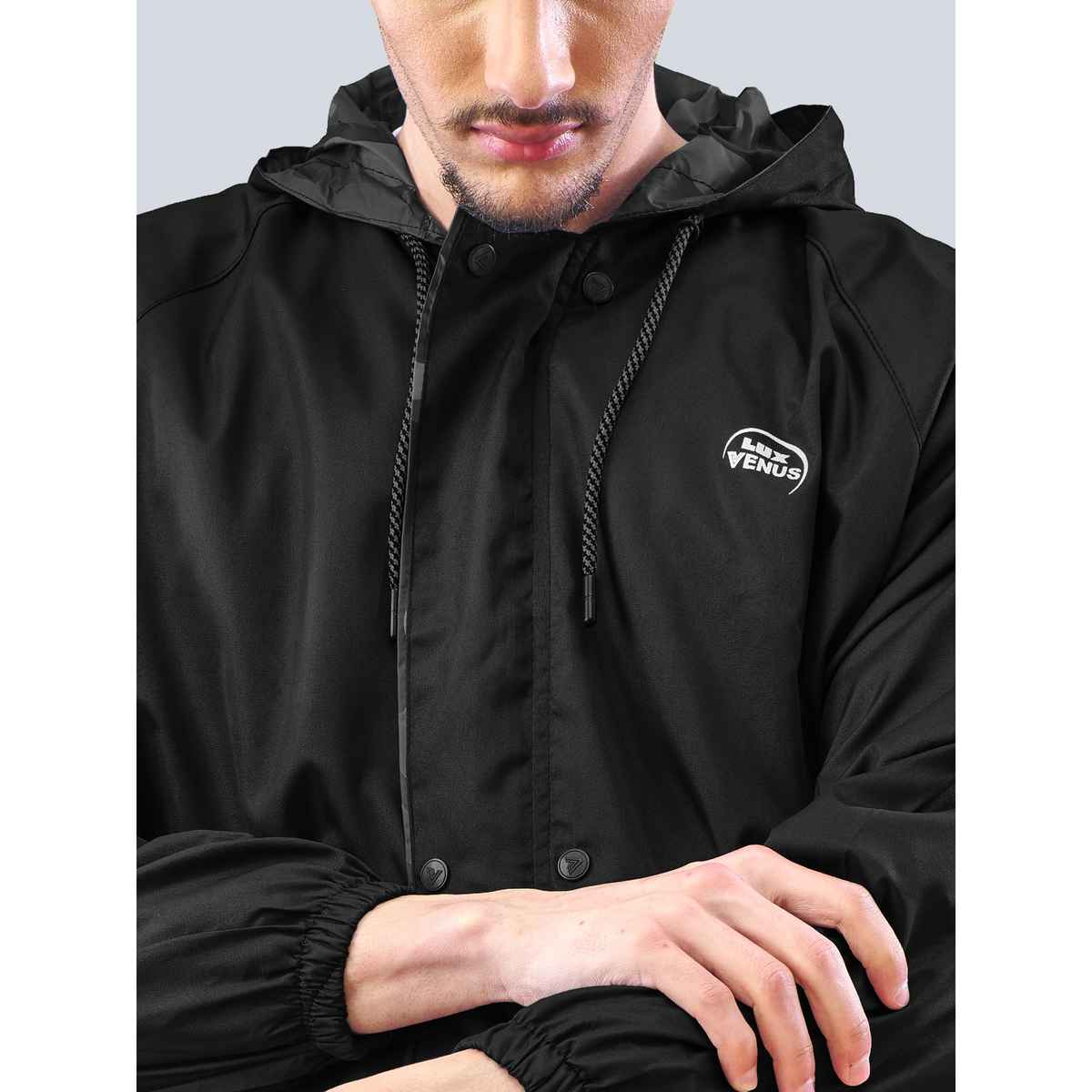 Lux Venus Lightweight Hooded Reversible Raincoat for Men With Waterproof Pant - Black | 3XL