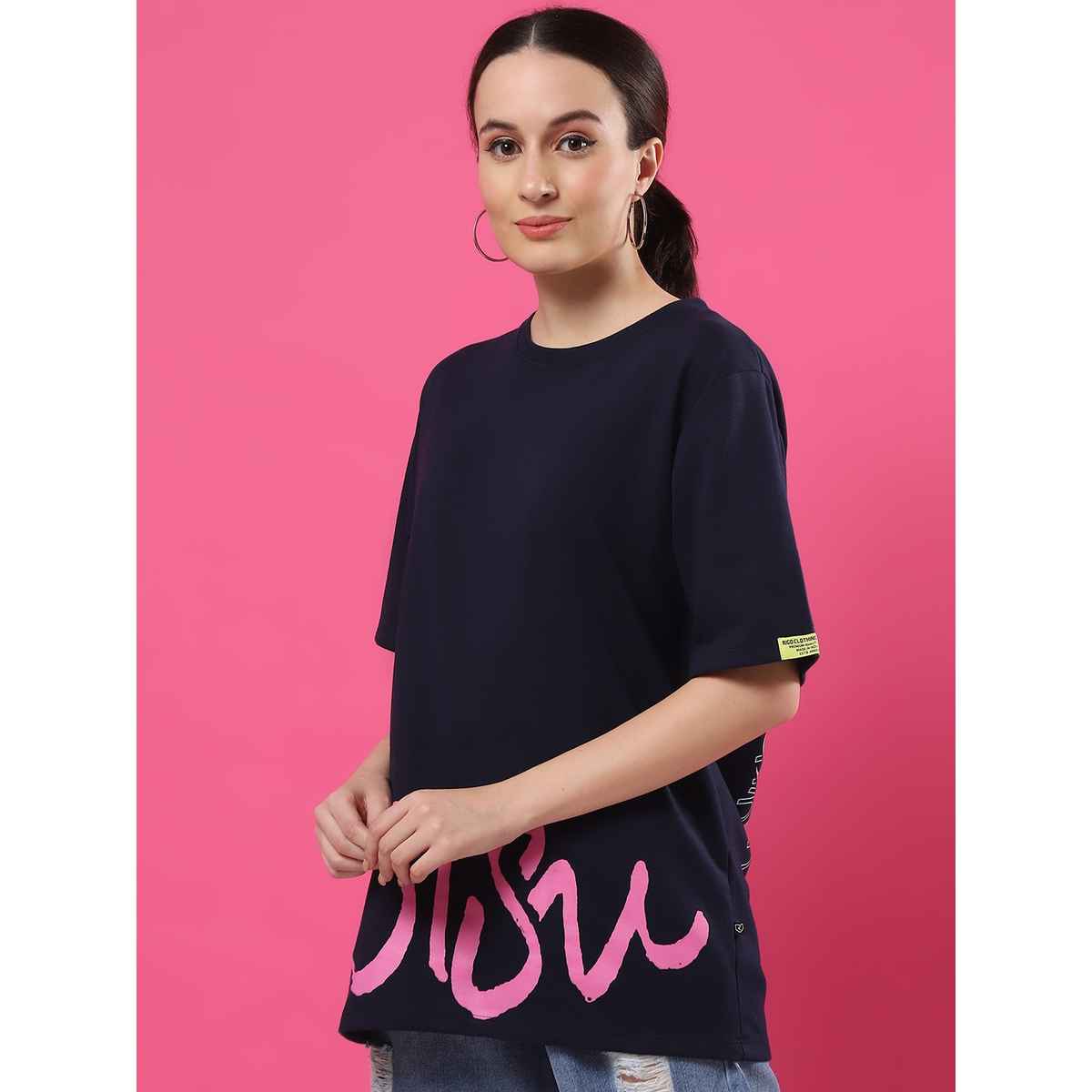 Rigo Women Terry Oversized Printed T-shirt | Navy - L