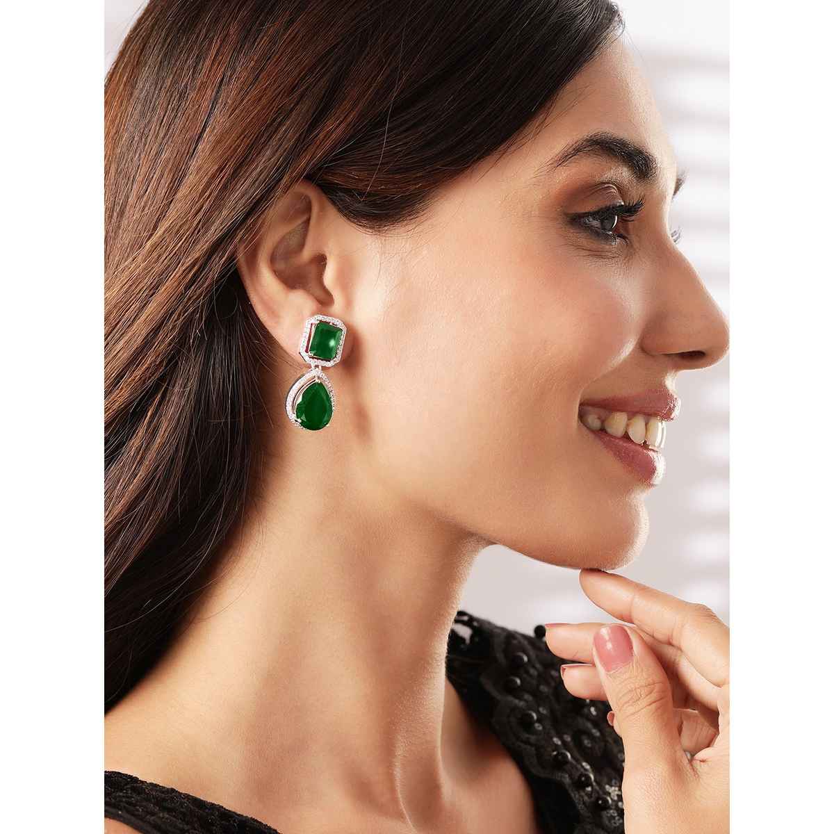 Rubans Rhodium-Plated Emerald Green and Cubic Zirconia Studded Premium Drop Earrings