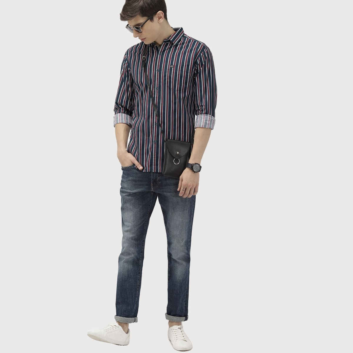 The Indian Garage Co Men's Slim Fit Multi Stripes Casual Shirt | Navy Blue - L