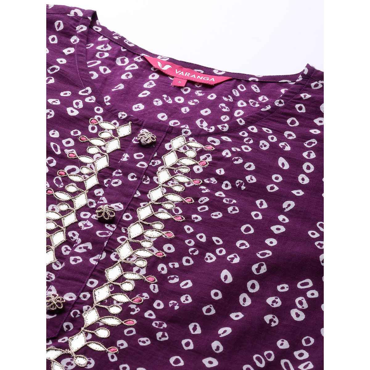 Varanga Women's B&hani Printed Kurta Gota Embroidery Round Neckline | VKUR222 | Purple & White - XL